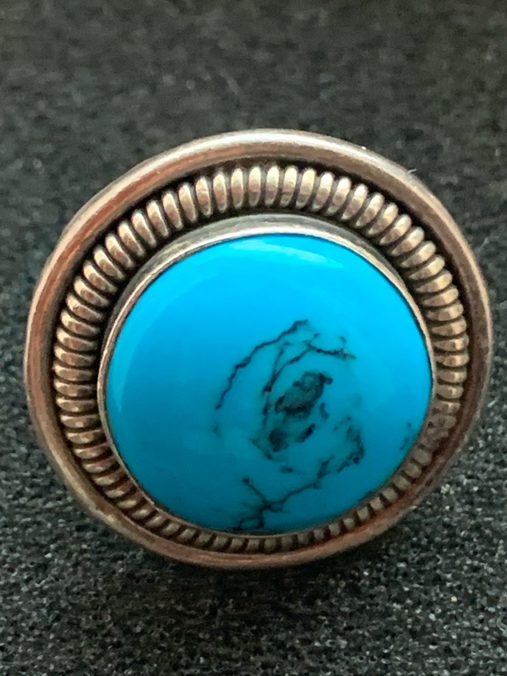 classic round turquoise cabochon and the braided rope sterling border.MEXICO.925
